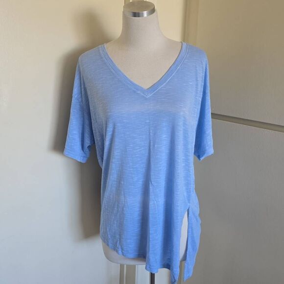 Michael Stars Jasper Double V Assym. Tee Side Tie, Sky Blue Striated Jersey, NWT - Picture 1 of 9
